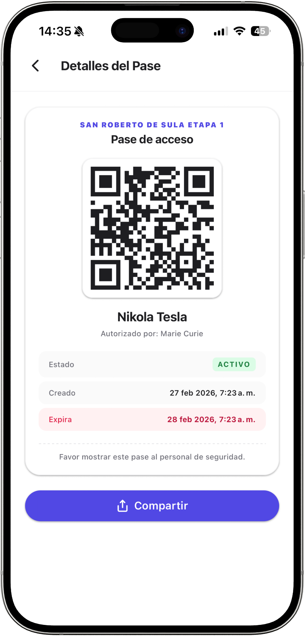 Pantalla de pase QR de Resipass